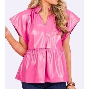 THML Anthropologie Womens Faux Leather Shiny Peplum Top Size XS Ruffle Neck Pink